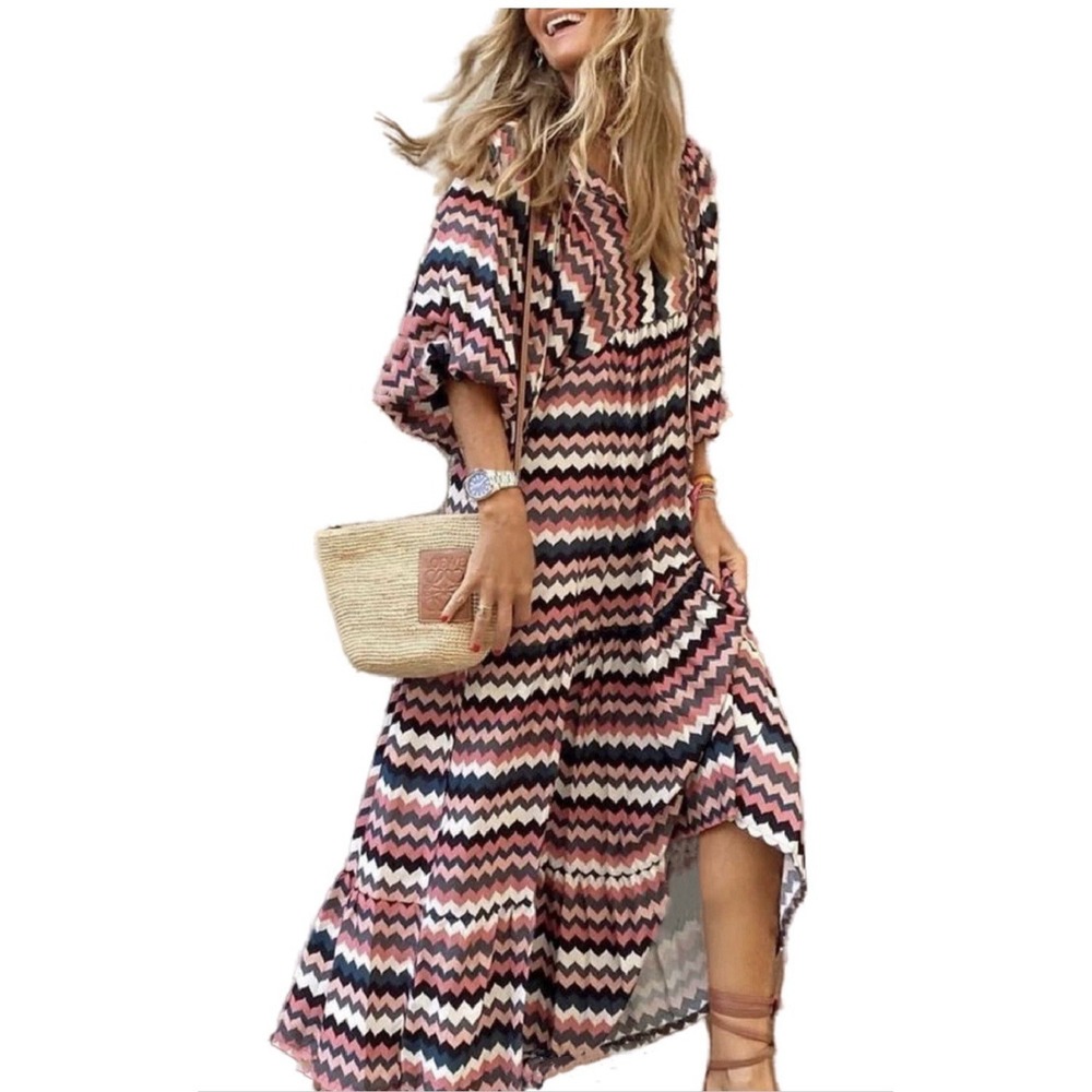 Summer Women's Printed Bohemian Dress Elegant Ladies Casual Loose V-Neck 3XL
